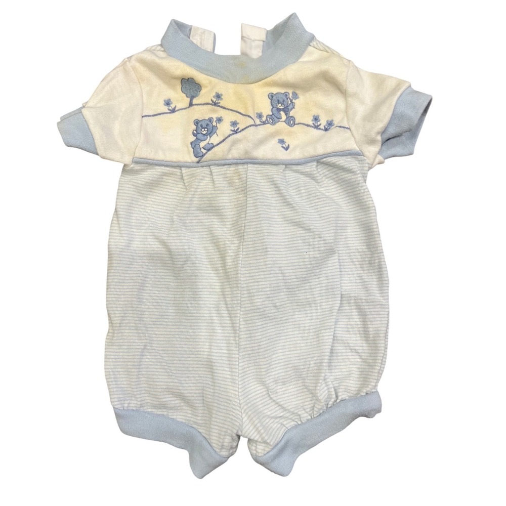 Vintage Toddle Tyke Baby Romper Blue Bear Embroidered‎ Striped Made USA Newborn
